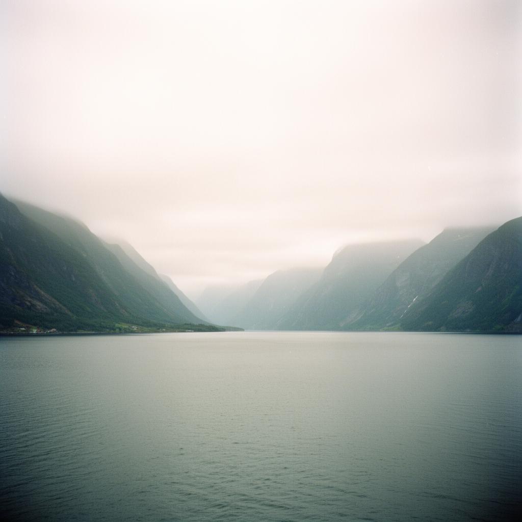 Left half of a panoramic fjord at dawn — mountains receding into fog above calm water.